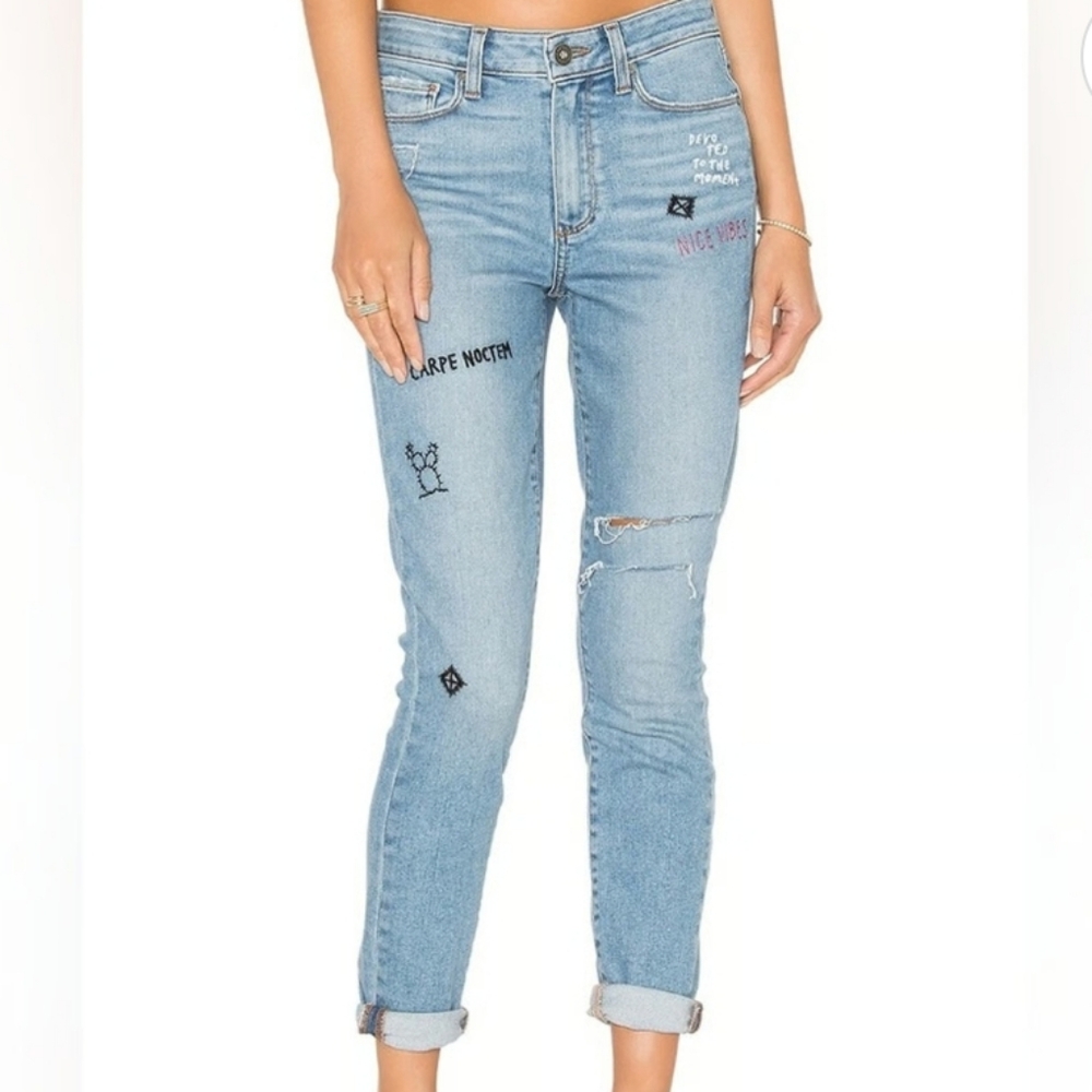 Paige Hoxton Ankle Caprice Embroidery 27 90s Punk Blue Ripped Jeans